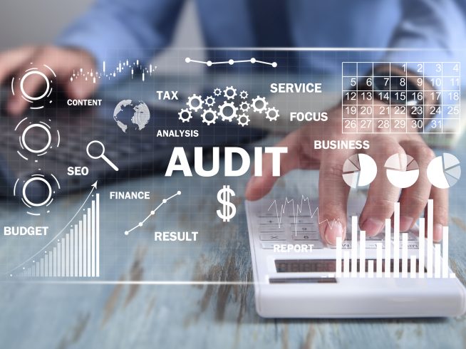 human using calculator audit business charts with words