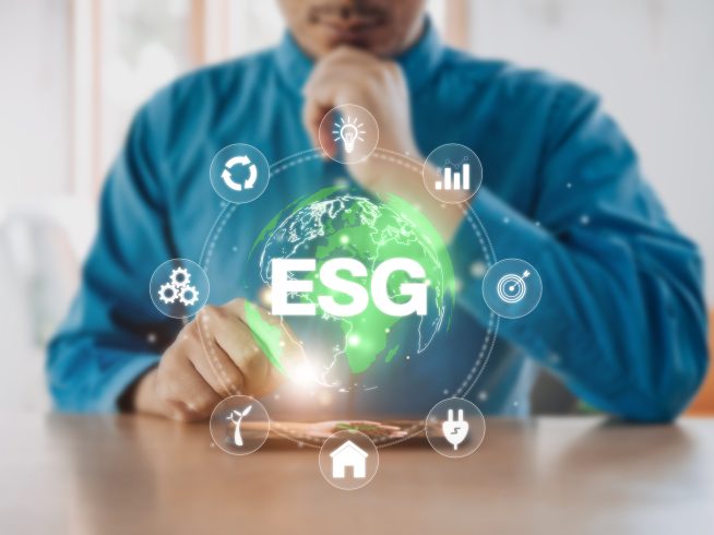 businessman use phone analyze environmental technology approaching global sustainable esg by clean energy power esg environmental social governance business strategy investing concept