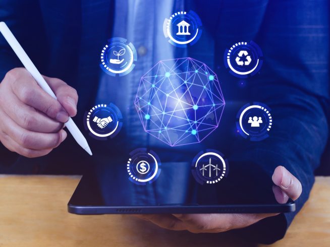 esg icon concept use laptop analyze esg environmental social governance sustainable ethical business network connection businessman pressing button screen