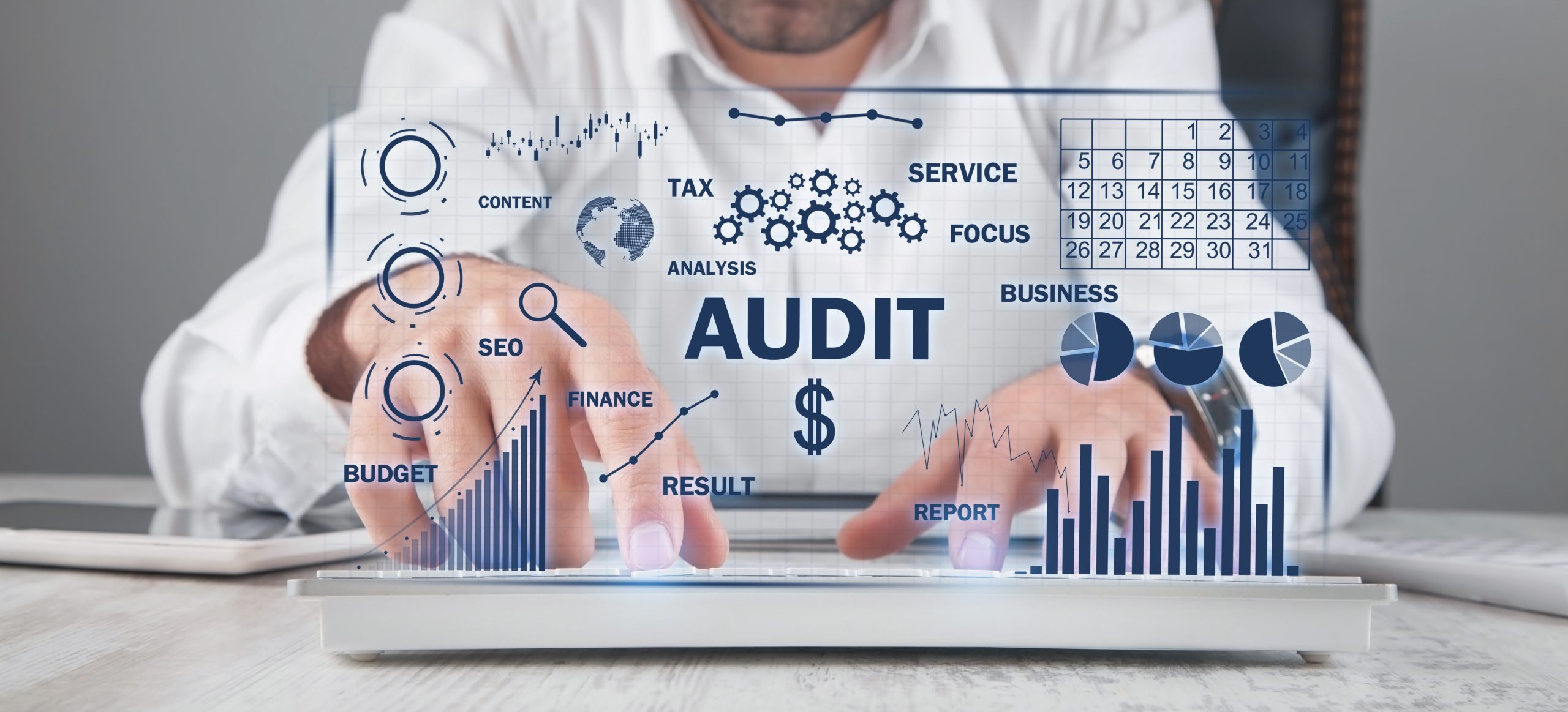 human typing computer keyboard audit business charts with words scaled