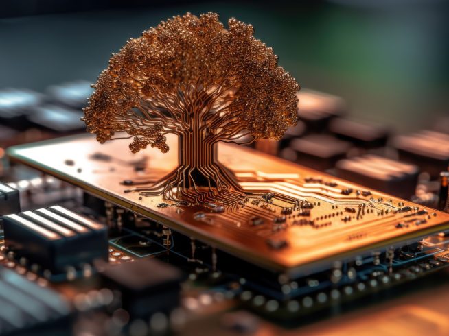 beautiful large tree growing micro chip computer circuit board showing concept digital business csr ethics esg waste management generative ai weber