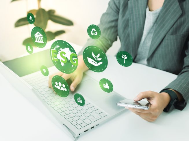 esg environment social governance investment business concept women use computer analyze esg
