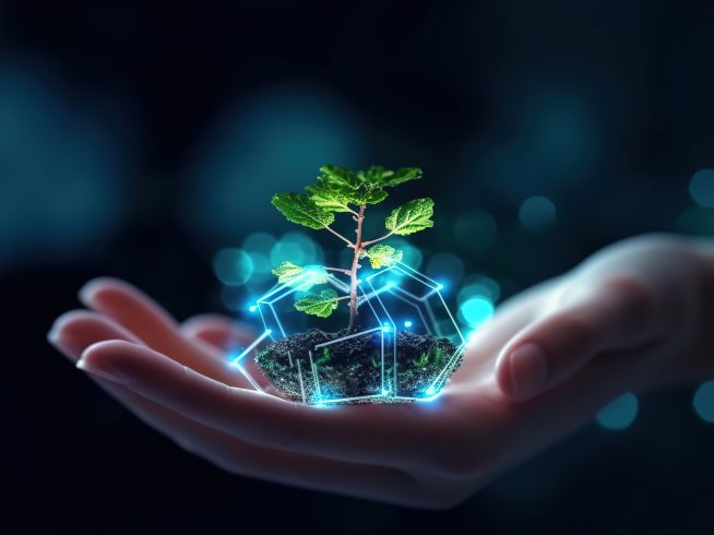 little kid hands holding green plant soil with sunlight background ecology concept