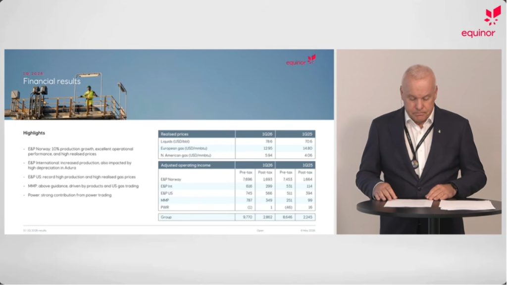 Equinor tổ chức họp báo công bố kết quả kinh doanh Quý I/2026. CEO Anders Opedal trình bày kết quả kinh doanh và trao đổi với nhà đầu tư.